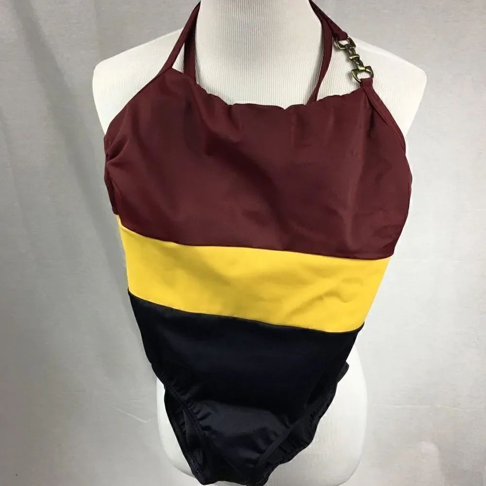 NWT Maroon yellow black one piece swimsuit size 6 adjustable removable straps
